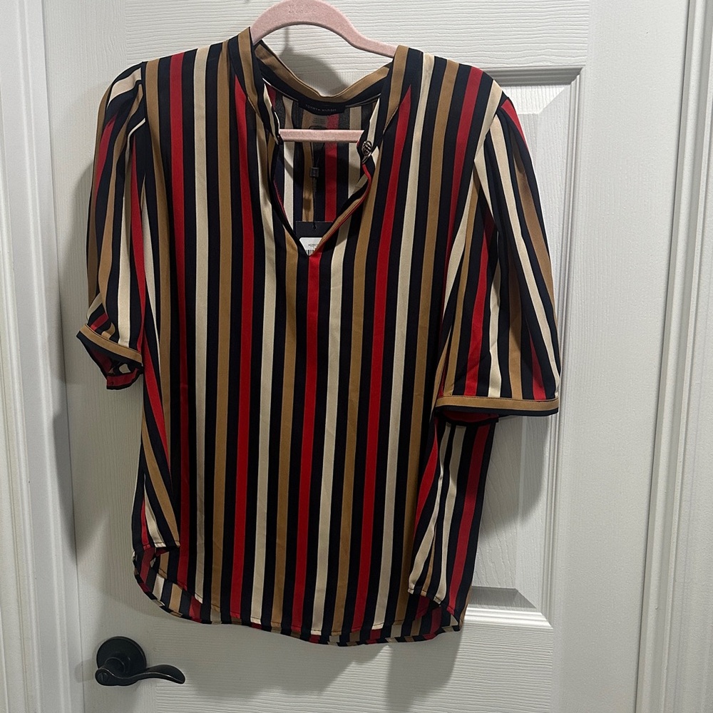 Tommy Hilfiger Vertical Stripe V-Neck Blouse in Black, Red & Tan